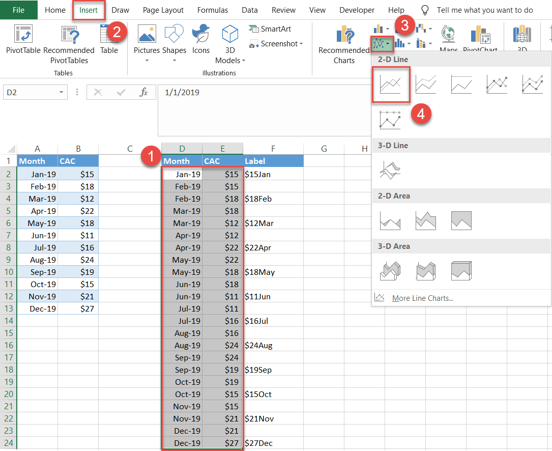 Create an Excel line chart