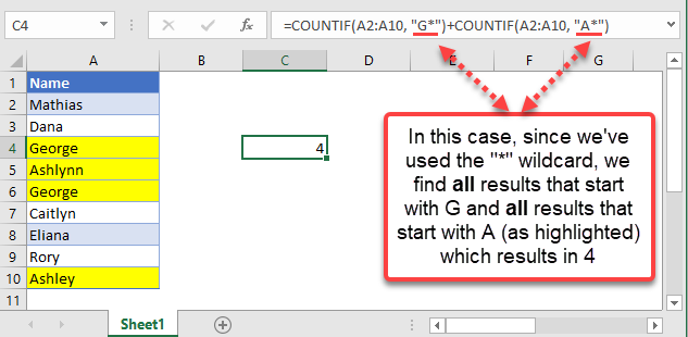 countif excel equal to x or y example wildcard