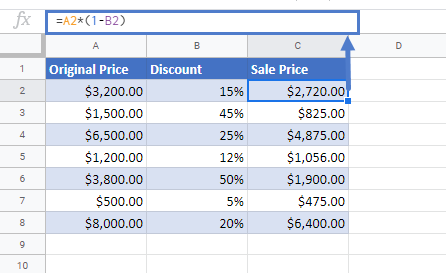 Decrease by Percentage In Google Sheets