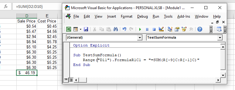 vba sum formula