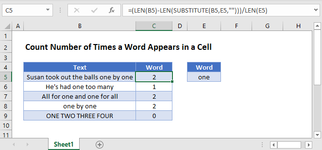 count how many times a word appears in excel easy