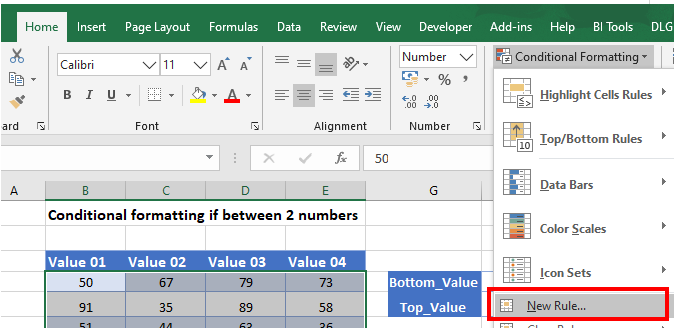 conditional formatting between two numbers between rule menu new rule