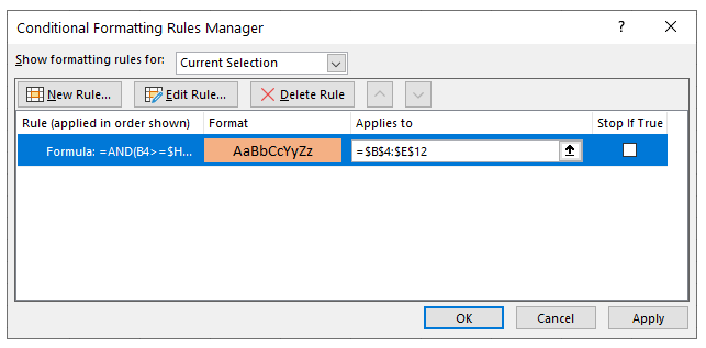 conditional formatting between two numbers rule manager