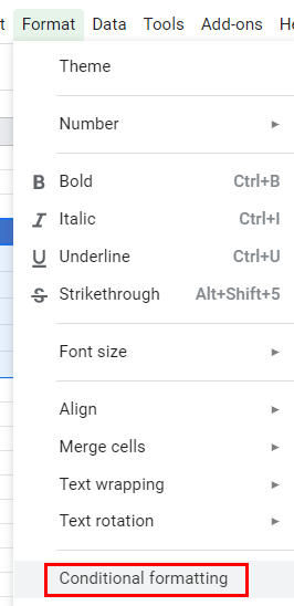 google sheets conditional formatting menu