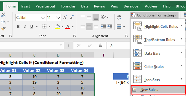 highlight cells if menu