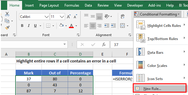 hightlight rows if iserror menu