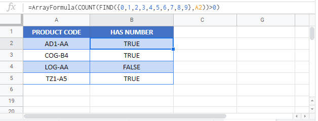 if cell contains any number Google Function