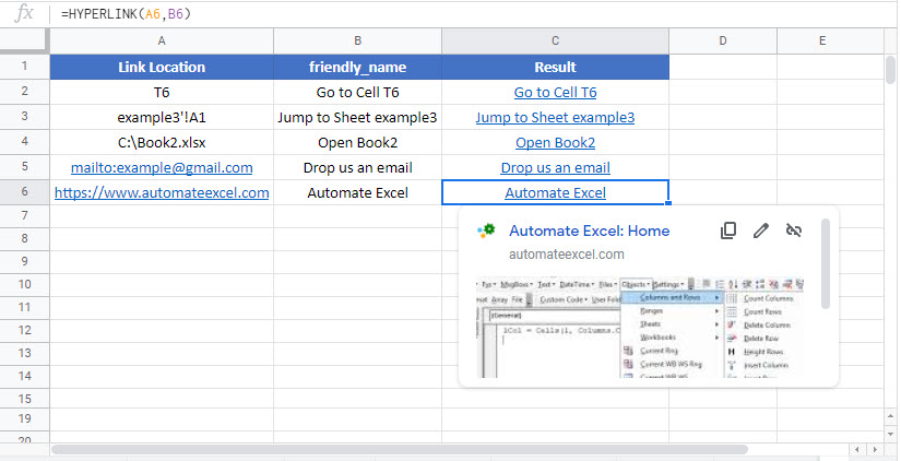 HYPERLINK Google Function