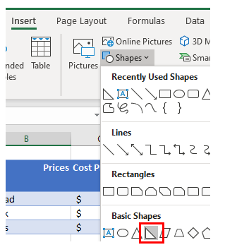 excel split cell insert shape