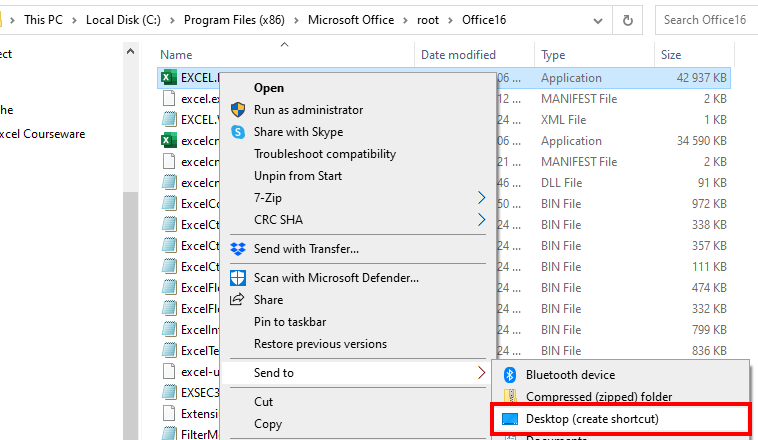 excel window create shortcut