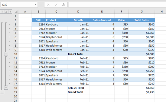 excel data subtotal final 2