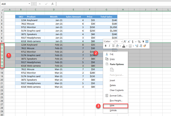 excel hide rows