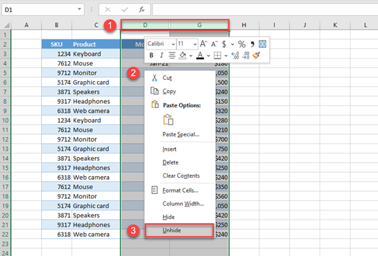 excel unhide columns