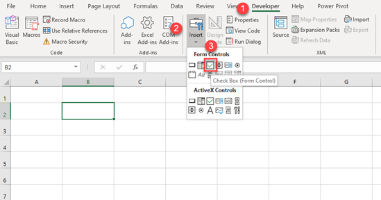 insert checkbox excel