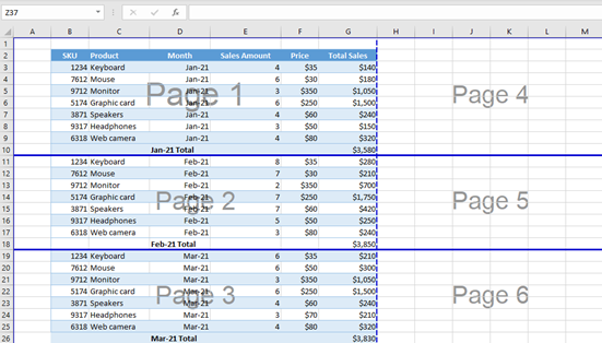 page breaks excel