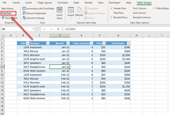 table name excel