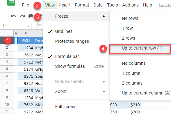 google sheets freeze top rows 1