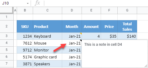 google sheets note