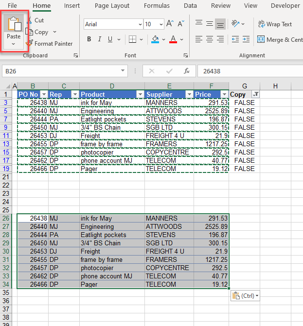 excel copyrows truefalse pasterows