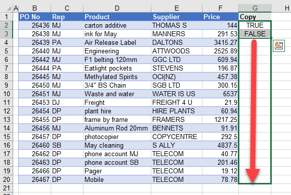 excel copyrows truefalse