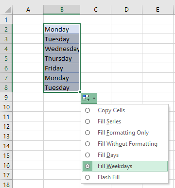 fillhandle day options