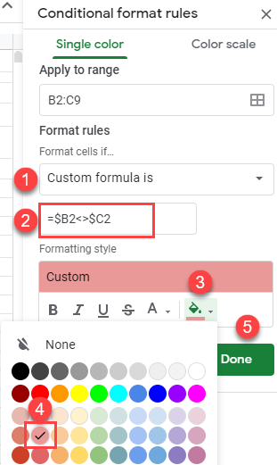 google sheets compare two columns conditional formatting 2