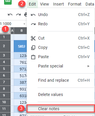 google sheets delete all notes 2