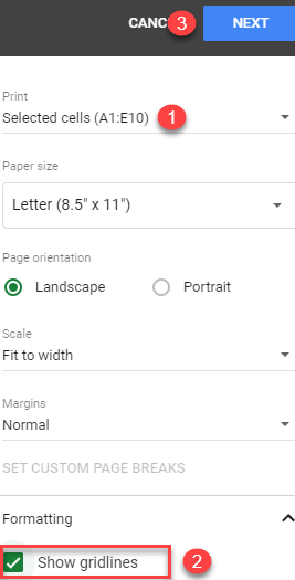 google sheets print gridlines