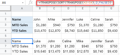 google sheets sort single row horizontally transpose