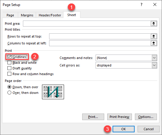 page setup gridlines