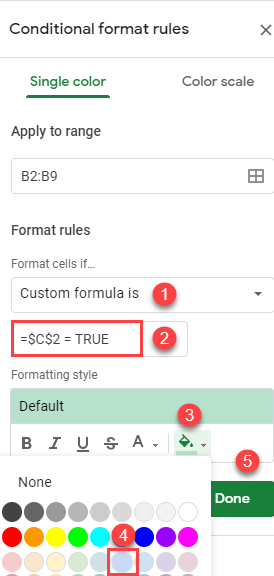 google sheets conditional formatting with checkbox 1a