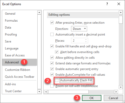 disable flash fill