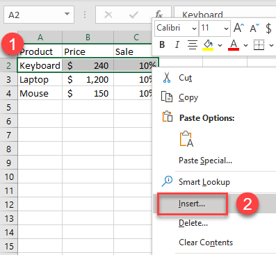 insert shift cells down 2