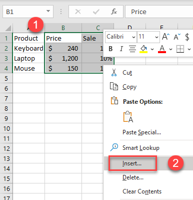 insert shift cells right 10