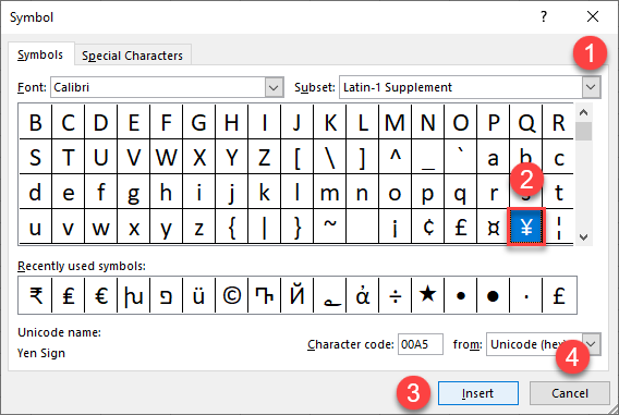 insert yen symbol 6