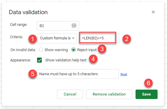 datavalidation gs len