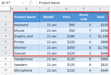 google sheets print only selected cells 1