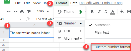 google sheets increase cell indent 1a