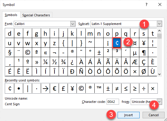 insert cent symbol 3