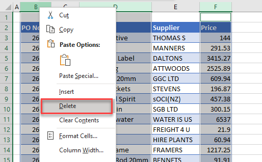 deletemultiple delete non adjacent columns