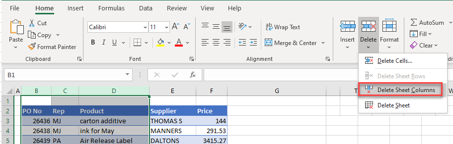 deletemultiple ribbon delete columns