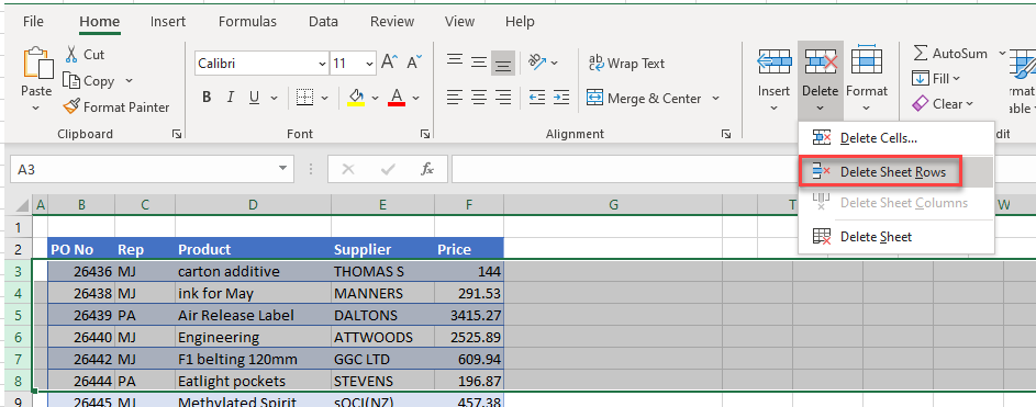 deletemultiple ribbon delete rows