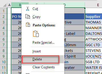 deletemultiple right click delete columns