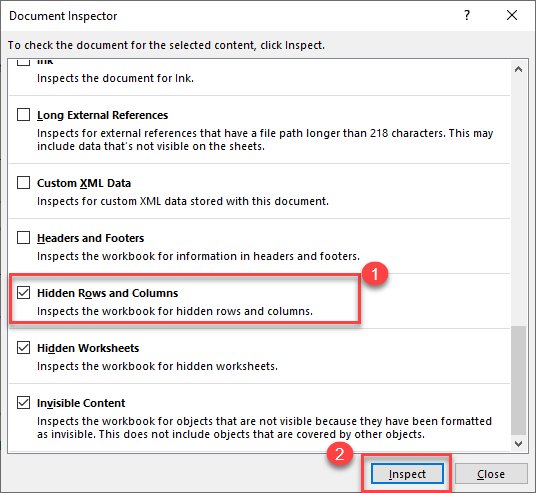 hidden rows columns document inspector