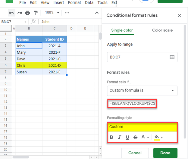 Conditional formatting based on vlookup result step3 gsheets