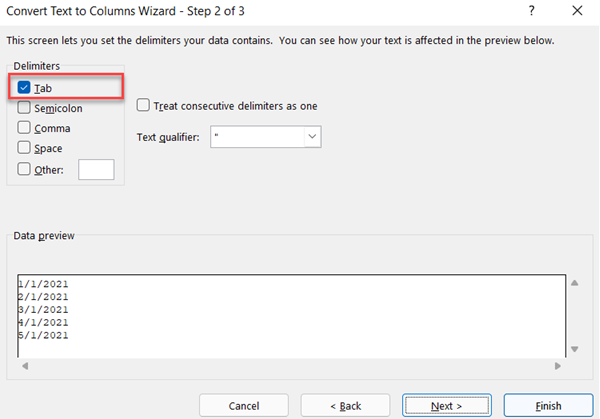 Convert text to column wizard step2