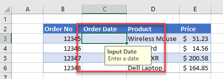 DatavalidationDates inputmessage