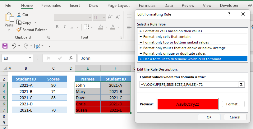 conditional formatting based on vlookup comparison