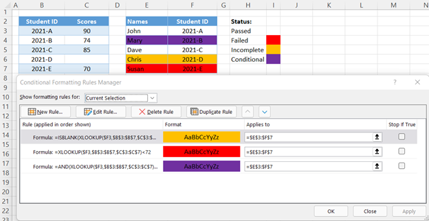 conditional formatting based on xlookup menu