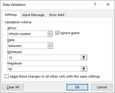 datavalidation change between